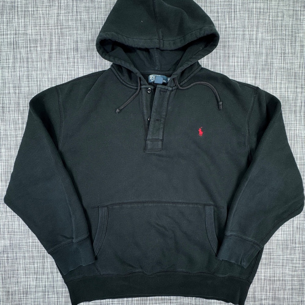 Polo Ralph Lauren Mens Hoodie Henley Button Fleece Pony Logo Black Size 2XB Big